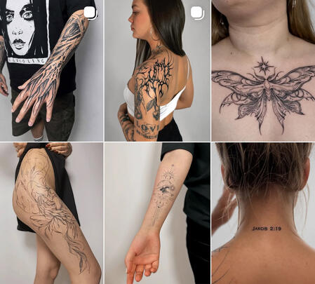Large-scale tattoos, abstract and graphic designs, microrealism and fine-line work by Eva Aveeva in Tbilisi.